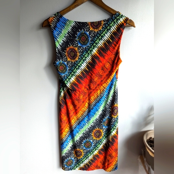 Chico’s Multicolor Sunburst Rainbow Sleeveless Dress Sz 0 Baby Doll Empire Waist - Picture 2 of 8